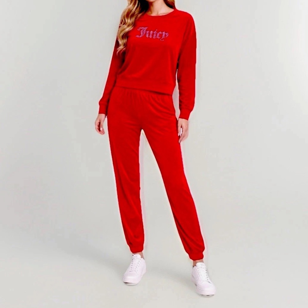 Juicy Couture Velour Tracksuit Top Jogger Pants Set XL Coco Red NEW!